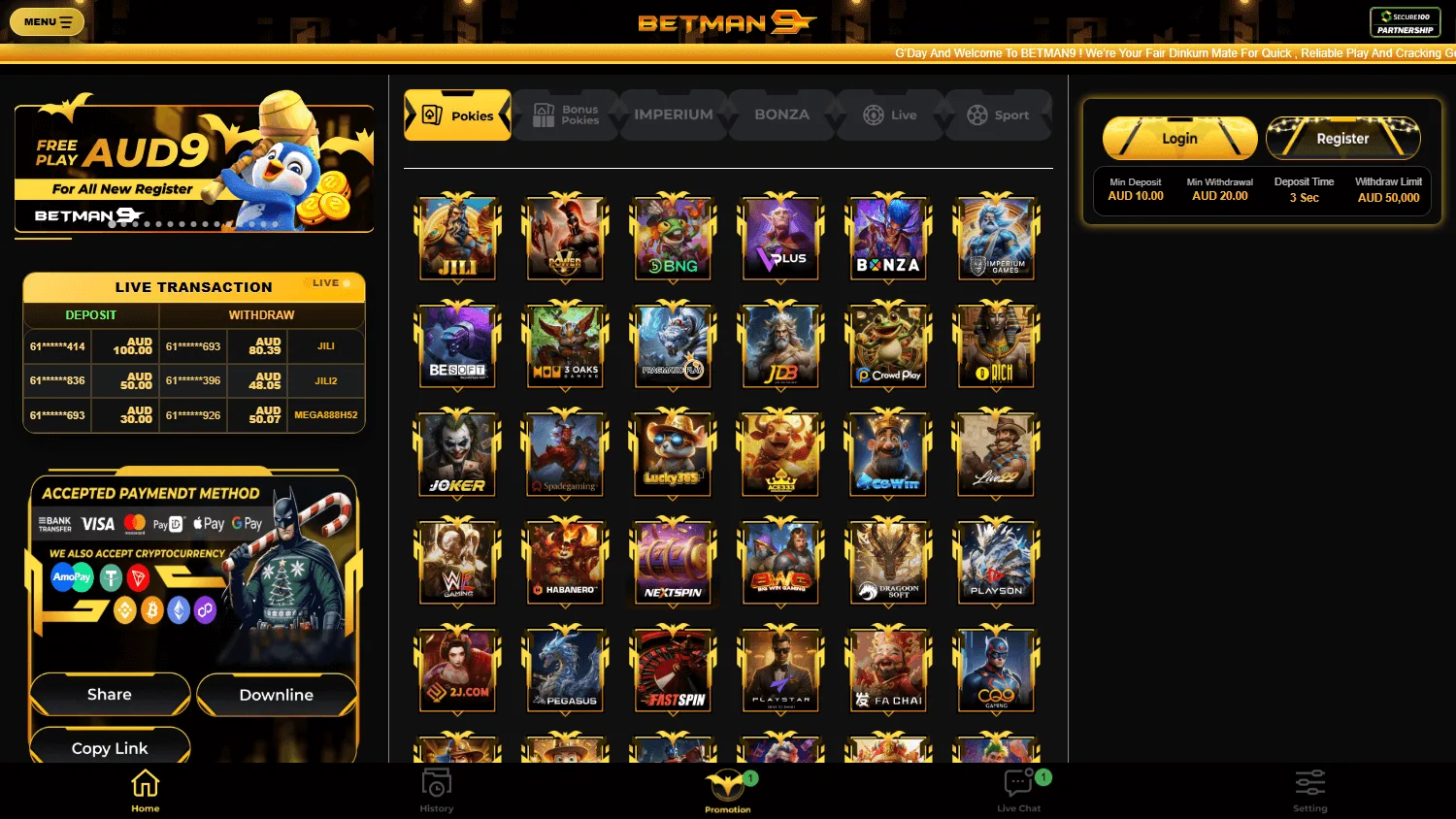 Betman9 desktop casino home with AUD offers and casino access