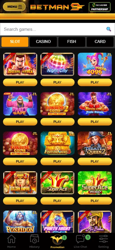 Betman9 mobile games area with pokies and live casino categories
