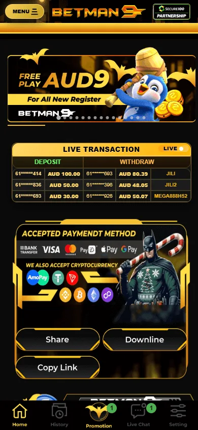 Betman9 mobile casino home with AUD play and account features