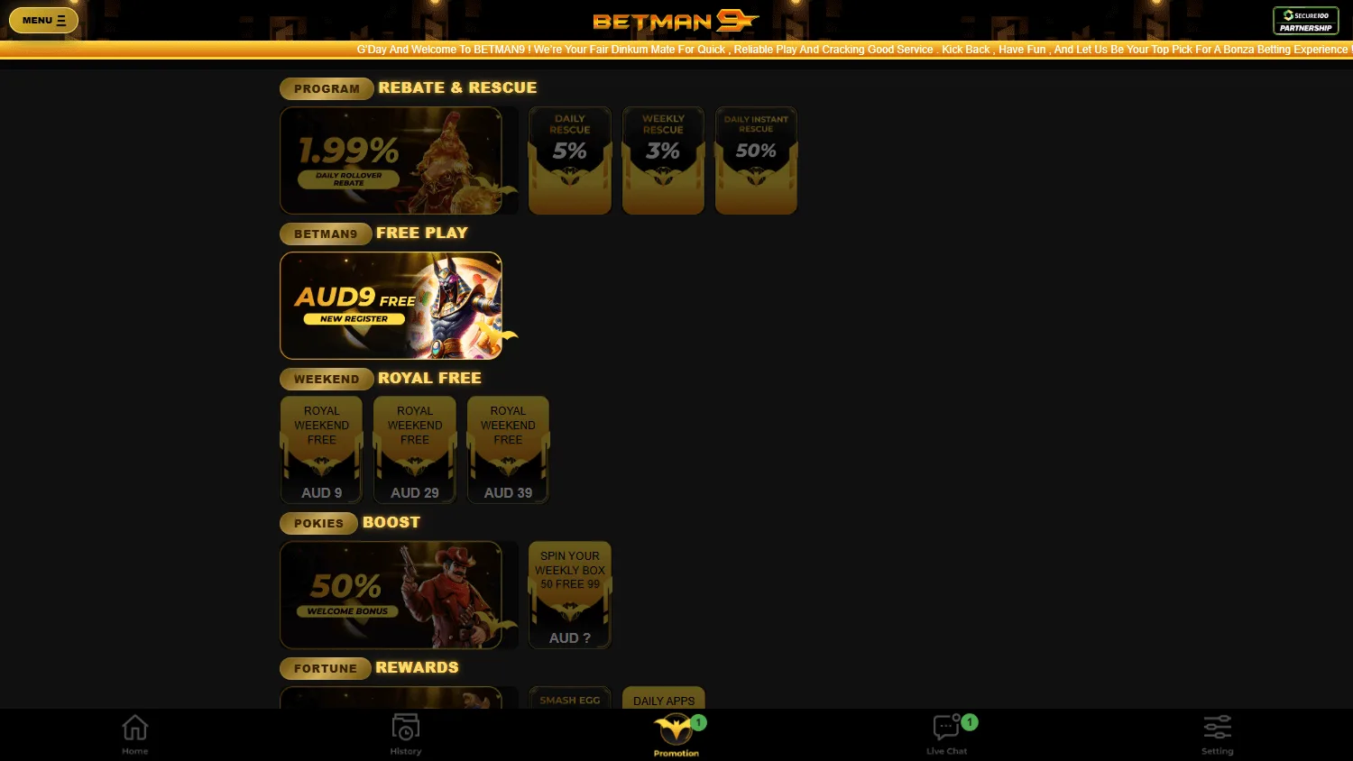 Betman9 desktop promotions area with bonuses and reward offers