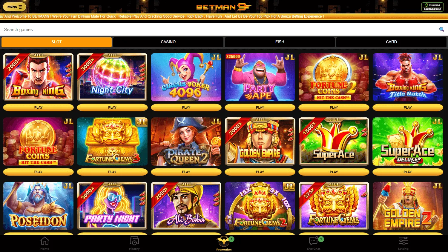 Betman9 desktop games area with pokies and casino categories