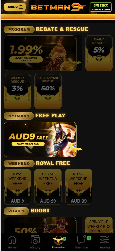 Betman9 mobile promotions area with Royal Elite and casino offers